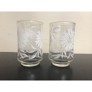 Set of 2 Vintage Clear Glass with White Flower Joice Glasses, 3.5"